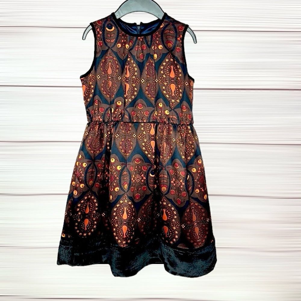 Little Marc Jacobs Peacock Orange Black Silk Satin Dress Velvet Trim sz 10 140cm